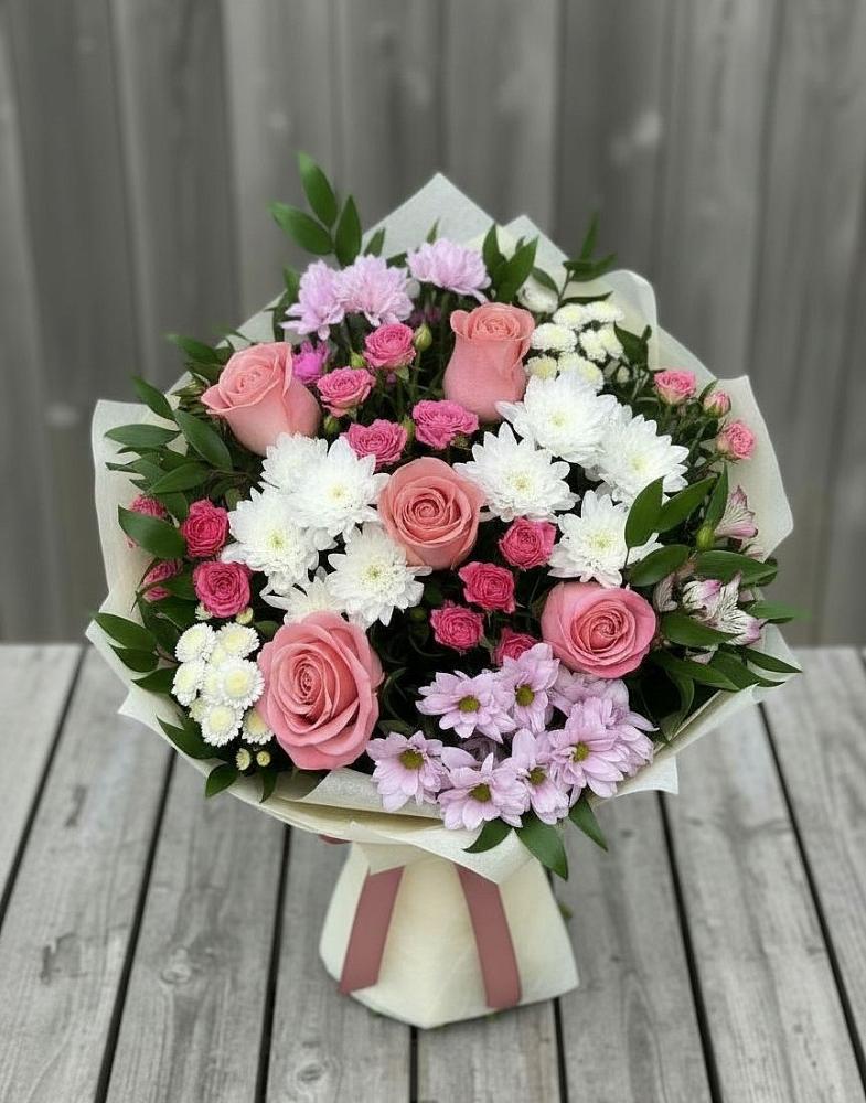 Букет цветов из: Альстромерии, Гвоздики, Розы и Хризантемы в Манушкино