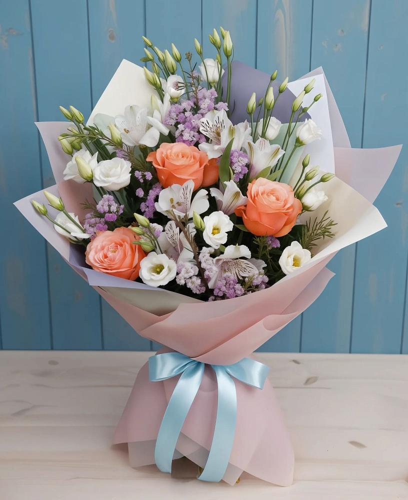 Букет цветов из: Лизиантусы, Розы, Альстромерии и Гипсофила в Манушкино