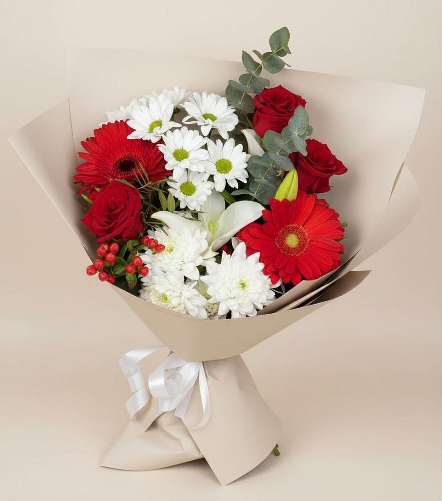 Букет цветов из: Розы, Хризантемы, Герберы и Лилии в Манушкино